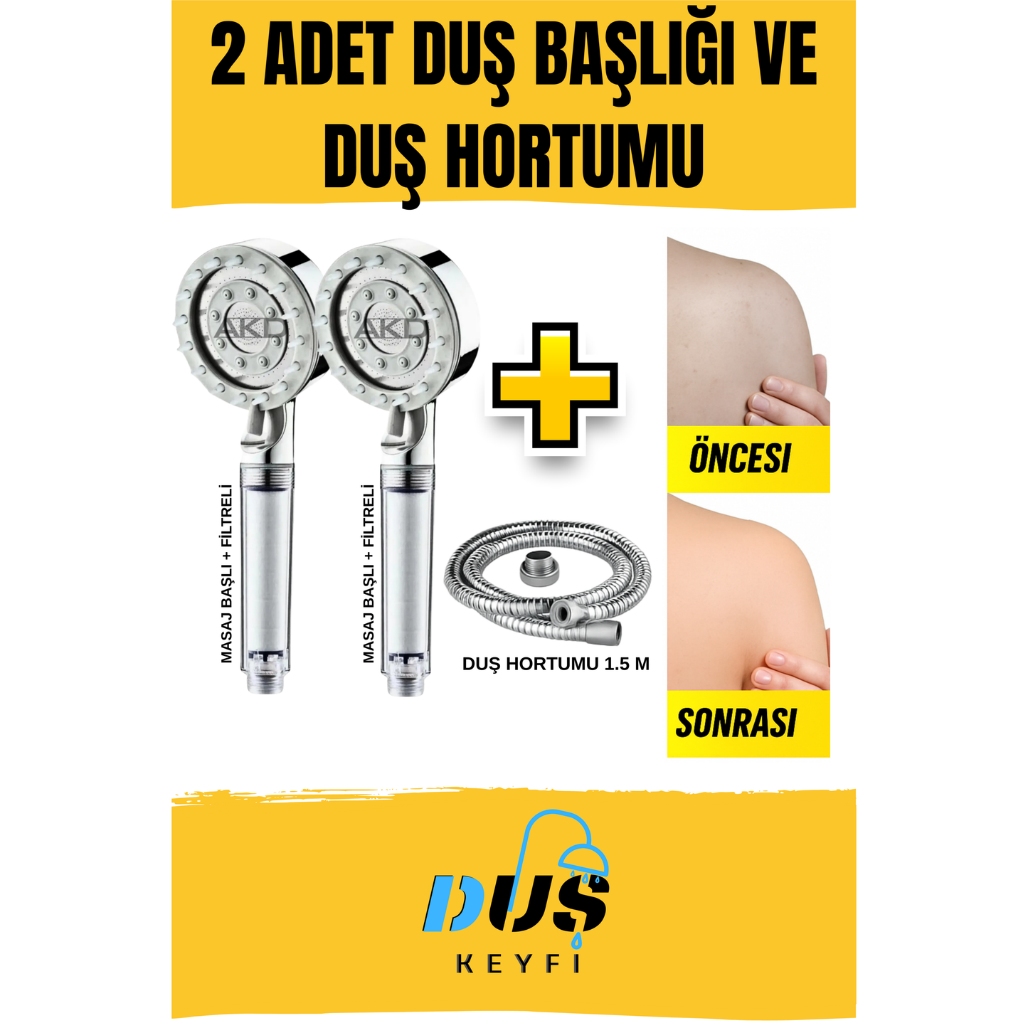 Duş Keyfi® 2 Adet Masaj Başlıklı Filtreli Duş Başlığı + 1.5M Örgülü Hortum Seti