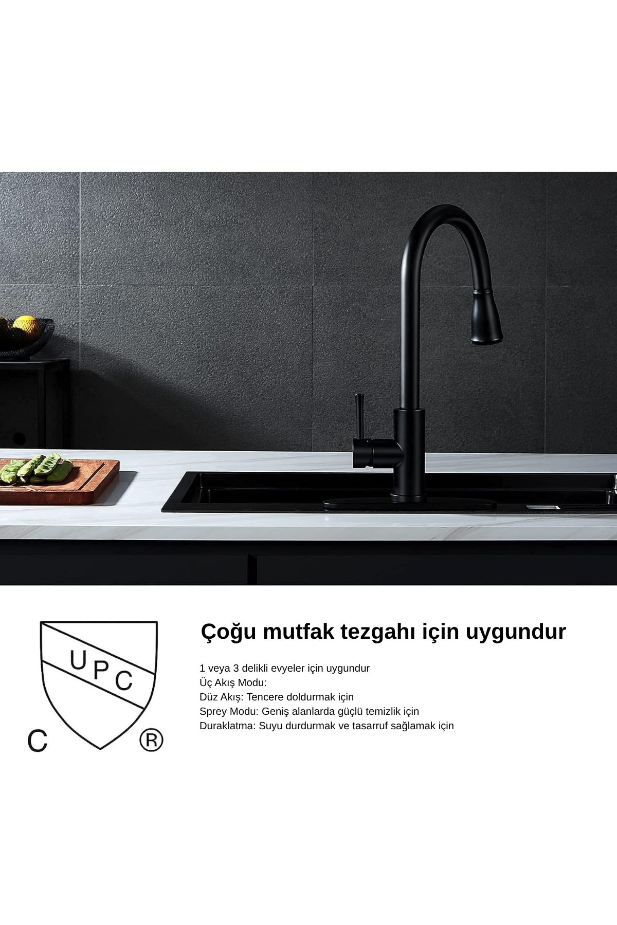 Mat Siyah 360° Döner Çekme Başlıklı Mutfak Musluğu – Su Tasarruflu, Sprey Modlu, AKD