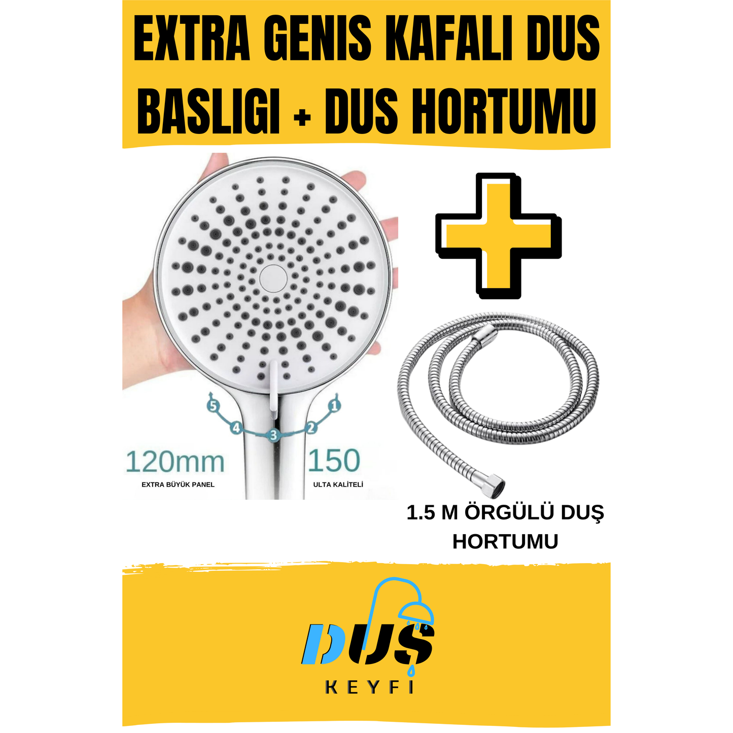Duş Keyfi® Extra Geniş Kafalı Duş Başlığı + 1.5M Örgülü Hortum Seti