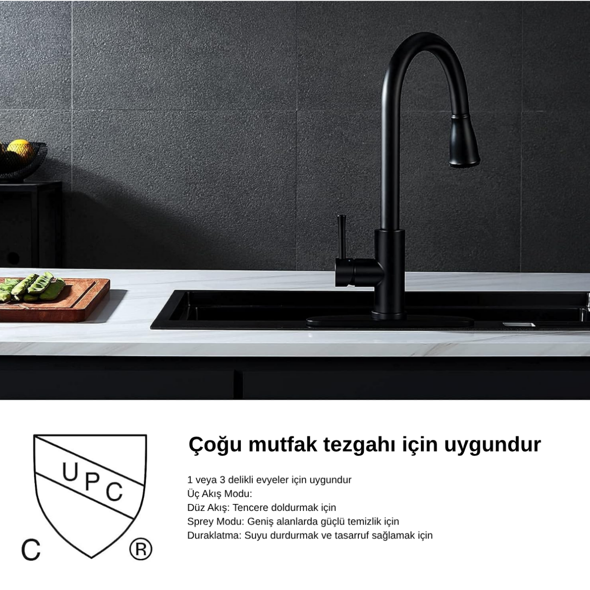 360° Siyah Çekilebilir Mutfak Bataryası | Modern & Su Tasarruflu