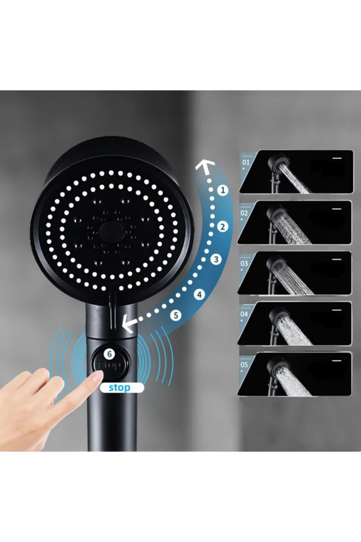 5 Modlu Pervaneli Duş Başlığı – Turbo Basınçlı, Stop Butonlu, Renkli Fanlı, Su Tasarruflu