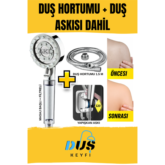 Duş Keyfi® Masaj Başlıklı Filtreli Duş Seti | Hortum + Yapışkan Askı Dahil