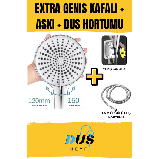 Duş Keyfi® Extra Geniş Kafalı Duş Başlığı + Askı + 1.5M Örgülü Hortum Seti
