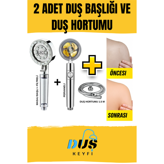 Duş Keyfi® 2'li Duş Başlığı Seti | Masaj Başlıklı + Pervaneli | 1.5M Hortum Dahil
