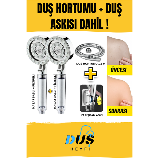 Duş Keyfi® 2 Adet Masaj Başlıklı Filtreli Duş Başlığı + 1.5M Hortum + Yapışkan Askı Seti