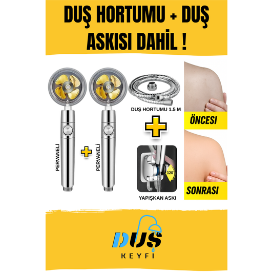 Duş Keyfi® 2 Adet Pervaneli Duş Başlığı + 1.5M Hortum + Yapışkan Askı Seti