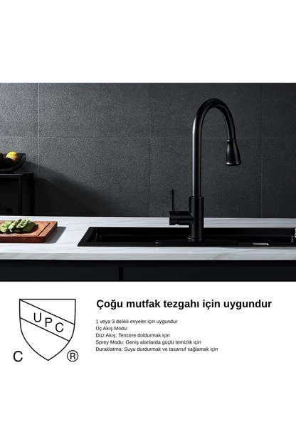 Mat Siyah 360° Döner Çekme Başlıklı Mutfak Musluğu – Su Tasarruflu, Sprey Modlu, AKD