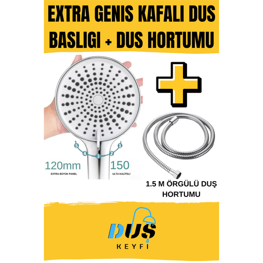 Duş Keyfi® Extra Geniş Kafalı Duş Başlığı + 1.5M Örgülü Hortum Seti