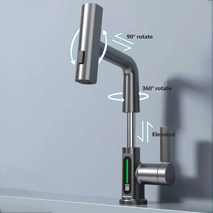 Akıllı Dijital Ekranlı Lavabo Musluğu – Sıcaklık Göstergeli 360° Dönebilen Modern Batarya