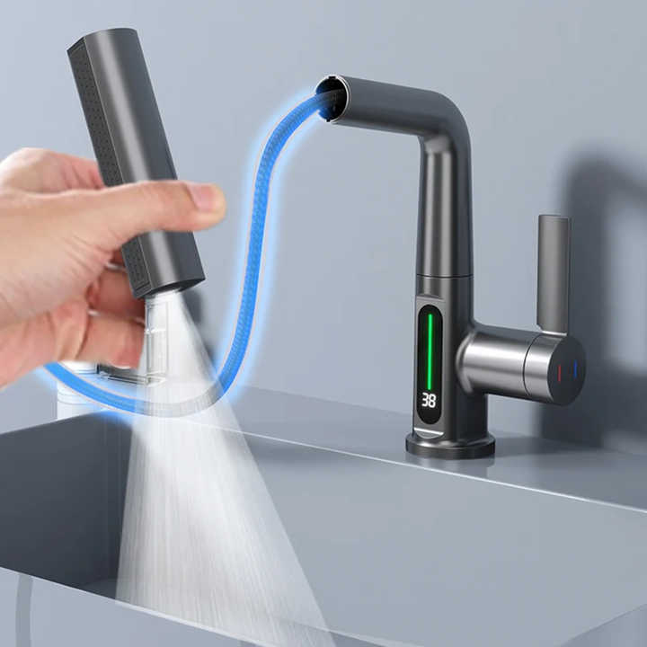 Akıllı Dijital Ekranlı Lavabo Musluğu – Sıcaklık Göstergeli 360° Dönebilen Modern Batarya