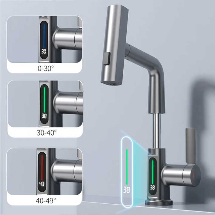 Akıllı Dijital Ekranlı Lavabo Musluğu – Sıcaklık Göstergeli 360° Dönebilen Modern Batarya