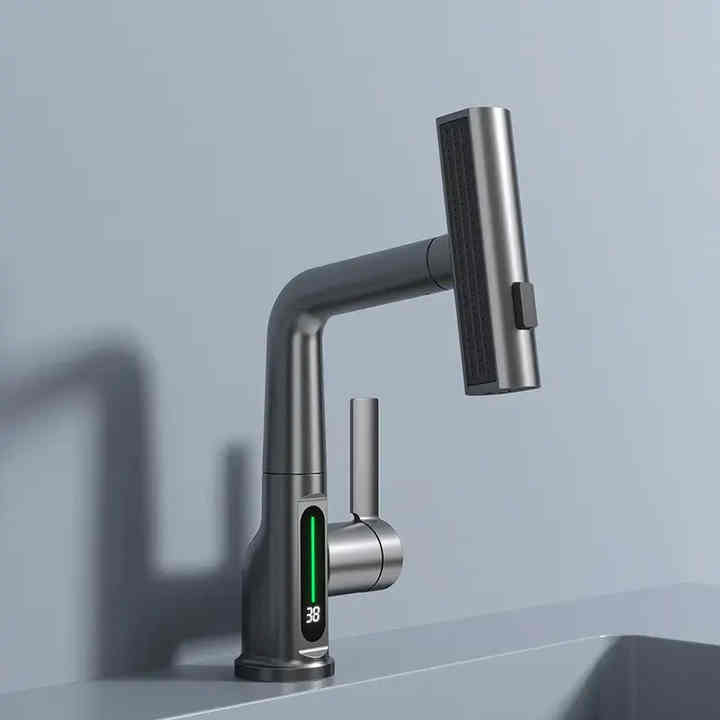 Akıllı Dijital Ekranlı Lavabo Musluğu – Sıcaklık Göstergeli 360° Dönebilen Modern Batarya