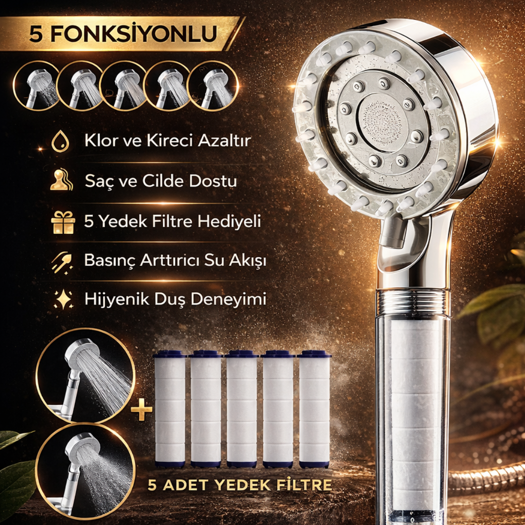 Masaj Başlıklı Filtreli Duş Başlığı | 5 Fonksiyon + 5 Yedek Filtre