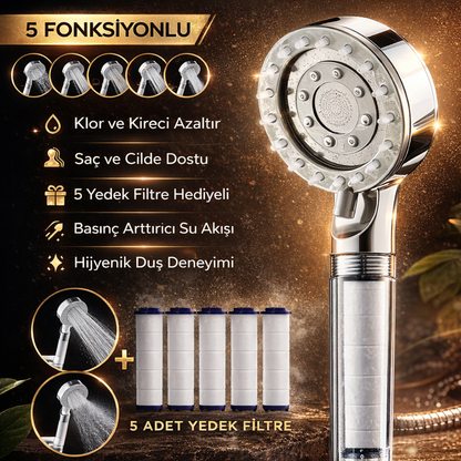 Masaj Başlıklı Filtreli Duş Başlığı | 5 Fonksiyon + 5 Yedek Filtre