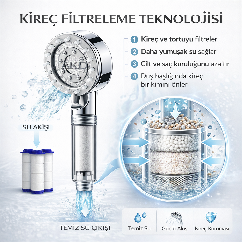 Masaj Başlıklı Filtreli Duş Başlığı | 5 Fonksiyon + 5 Yedek Filtre