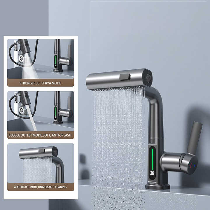 Akıllı Dijital Ekranlı Lavabo Musluğu – Sıcaklık Göstergeli 360° Dönebilen Modern Batarya