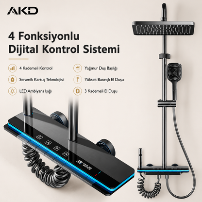 AKD Dijital Piyano Duş Seti – Termostatik LED Göstergeli Yağmur Duş Sistemi