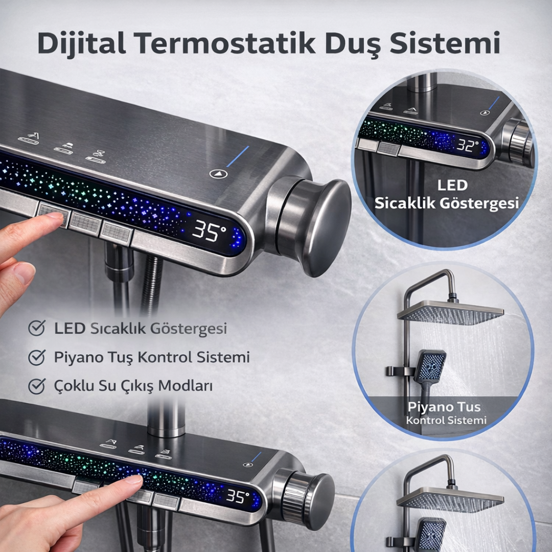 Füme LED Göstergeli Dijital Piyano Duş Seti – Premium Duş Sistemi