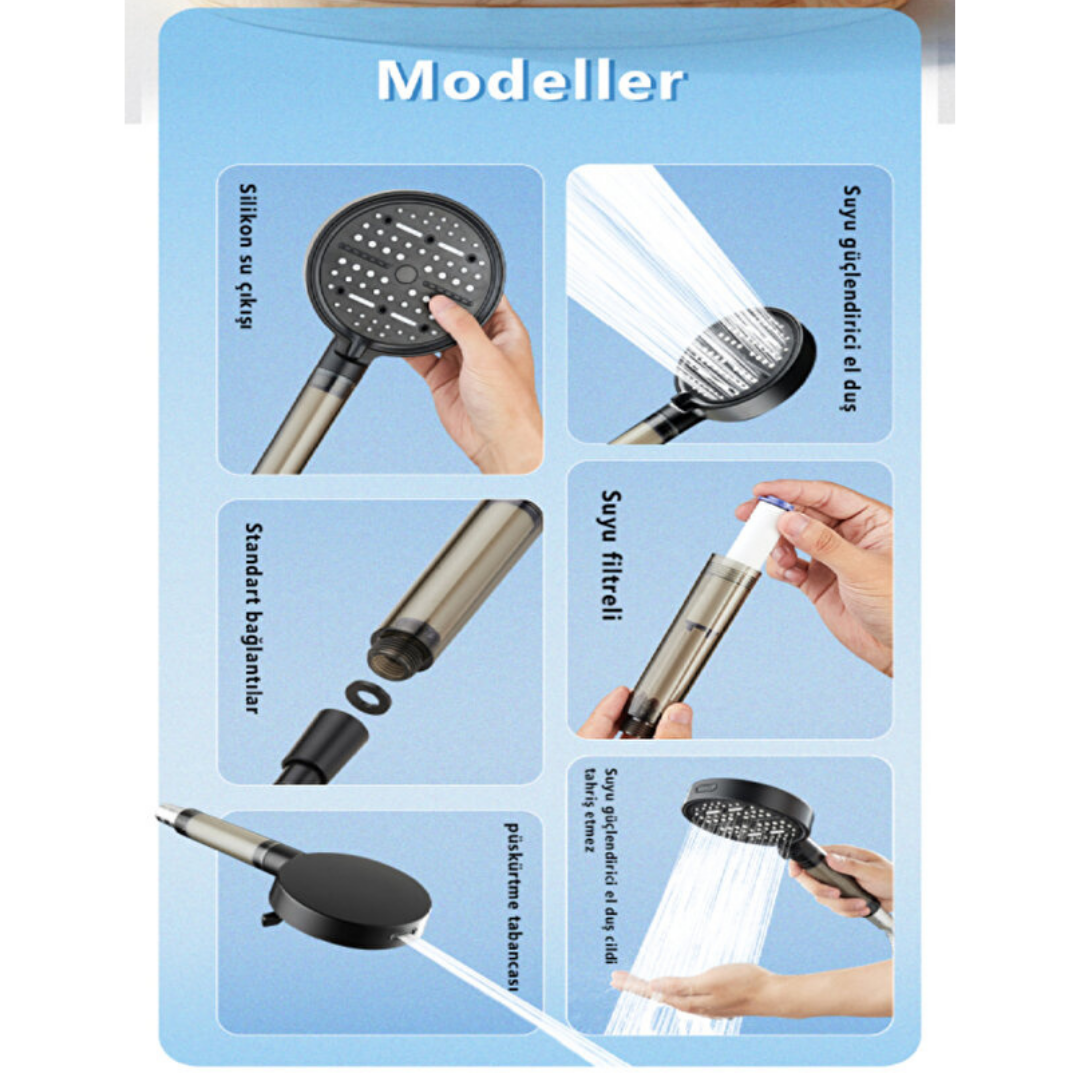 Filtreli Duş Başlığı 6 Fonksiyonlu – Kireç Önleyici Basınç Artırıcı Duş Başlığı (3 Filtre Hediyeli)