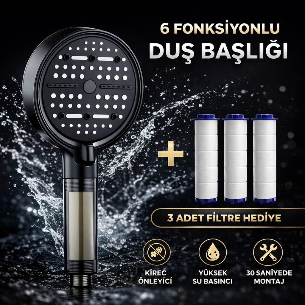 Filtreli Duş Başlığı 6 Fonksiyonlu – Kireç Önleyici Basınç Artırıcı Duş Başlığı (3 Filtre Hediyeli)