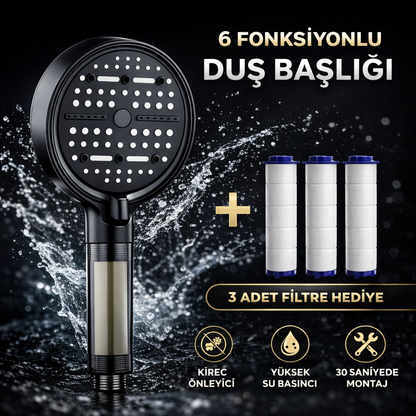 Filtreli Duş Başlığı 6 Fonksiyonlu – Kireç Önleyici Basınç Artırıcı Duş Başlığı (3 Filtre Hediyeli)