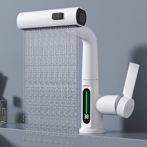 Mat Beyaz LED Göstergeli Şelale Lavabo Bataryası – Modern Dijital Musluk