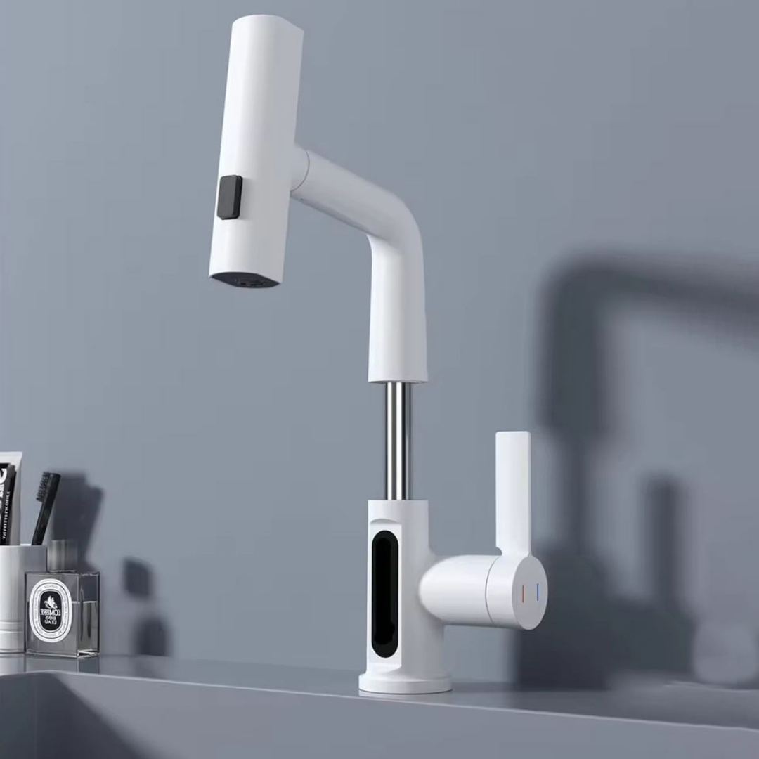 Mat Beyaz LED Göstergeli Şelale Lavabo Bataryası – Modern Dijital Musluk