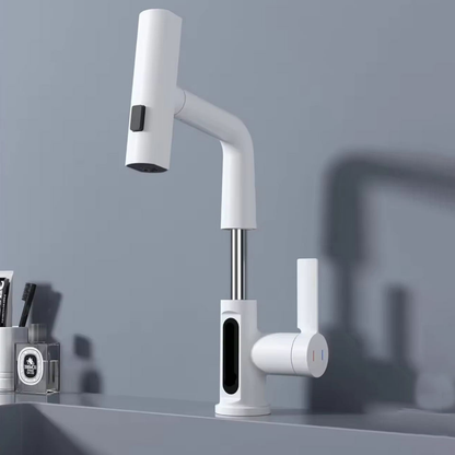 Mat Beyaz LED Göstergeli Şelale Lavabo Bataryası – Modern Dijital Musluk