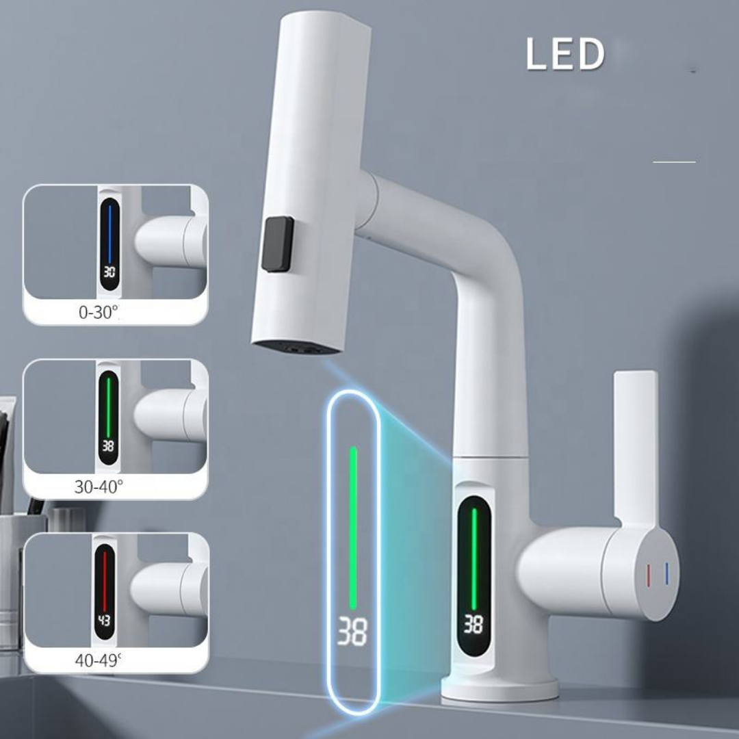 Mat Beyaz LED Göstergeli Şelale Lavabo Bataryası – Modern Dijital Musluk