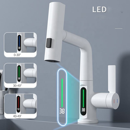 Mat Beyaz LED Göstergeli Şelale Lavabo Bataryası – Modern Dijital Musluk