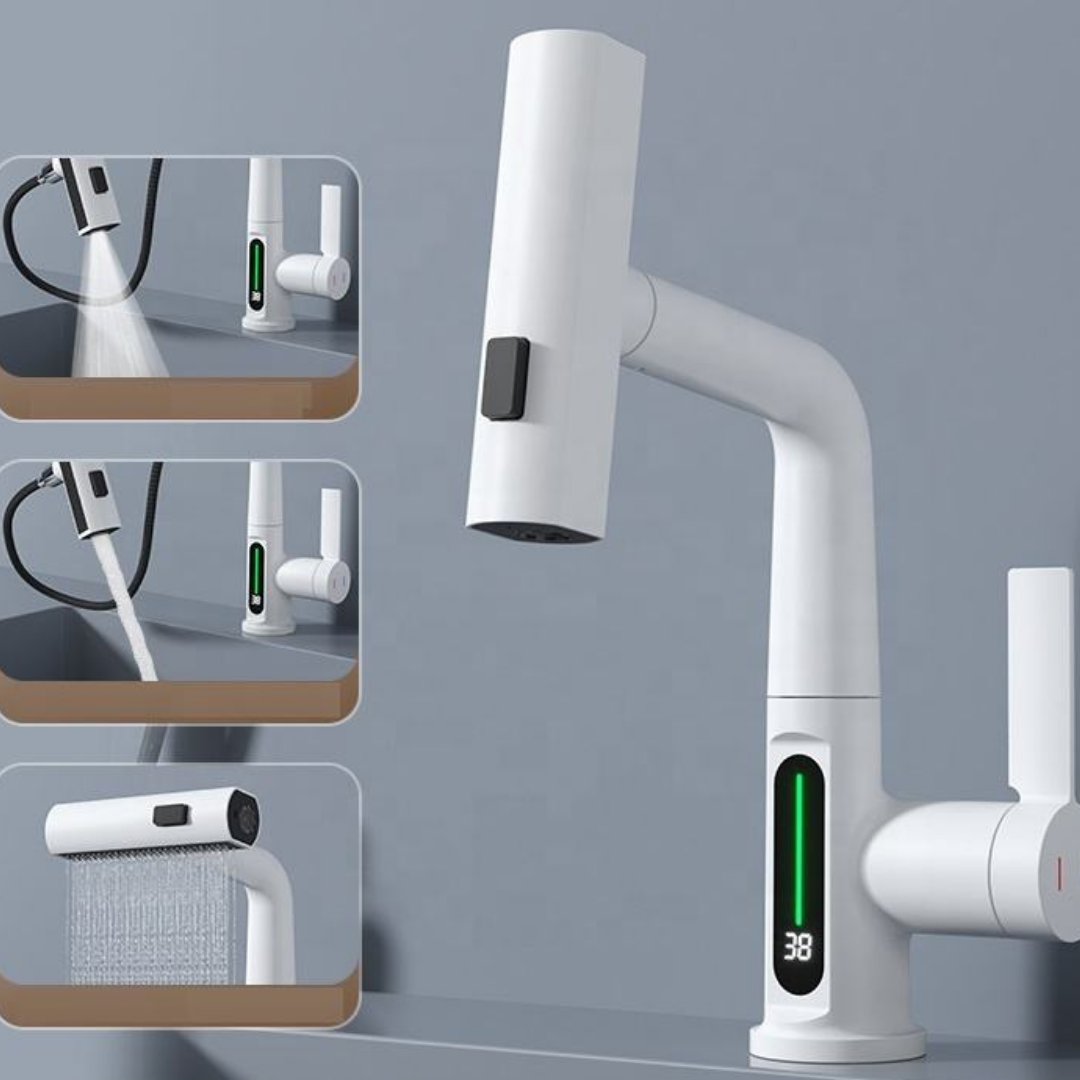 Mat Beyaz LED Göstergeli Şelale Lavabo Bataryası – Modern Dijital Musluk
