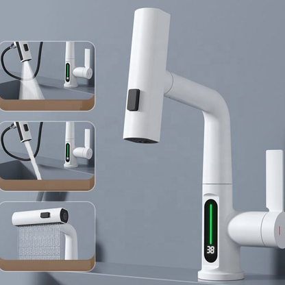 Mat Beyaz LED Göstergeli Şelale Lavabo Bataryası – Modern Dijital Musluk