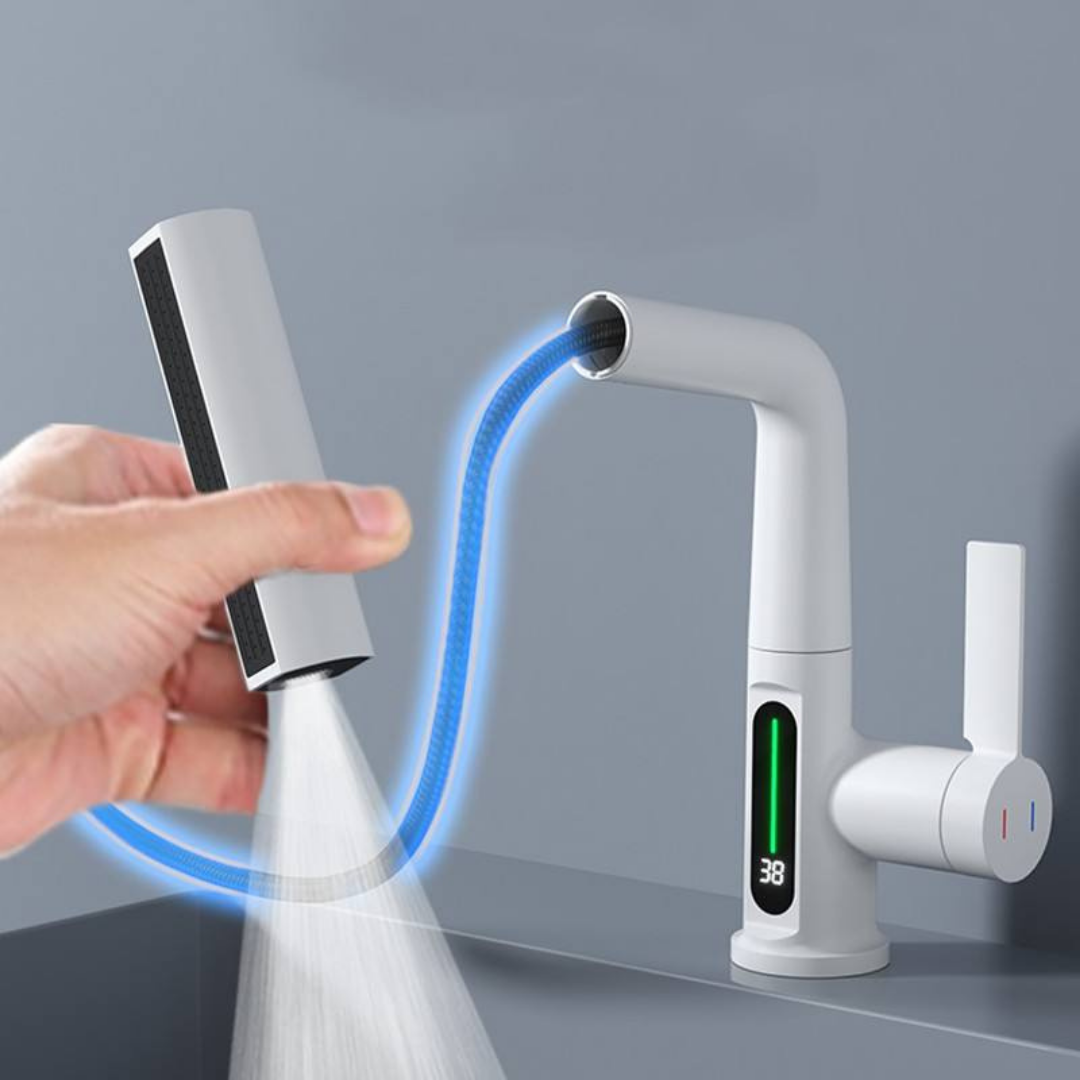 Mat Beyaz LED Göstergeli Şelale Lavabo Bataryası – Modern Dijital Musluk