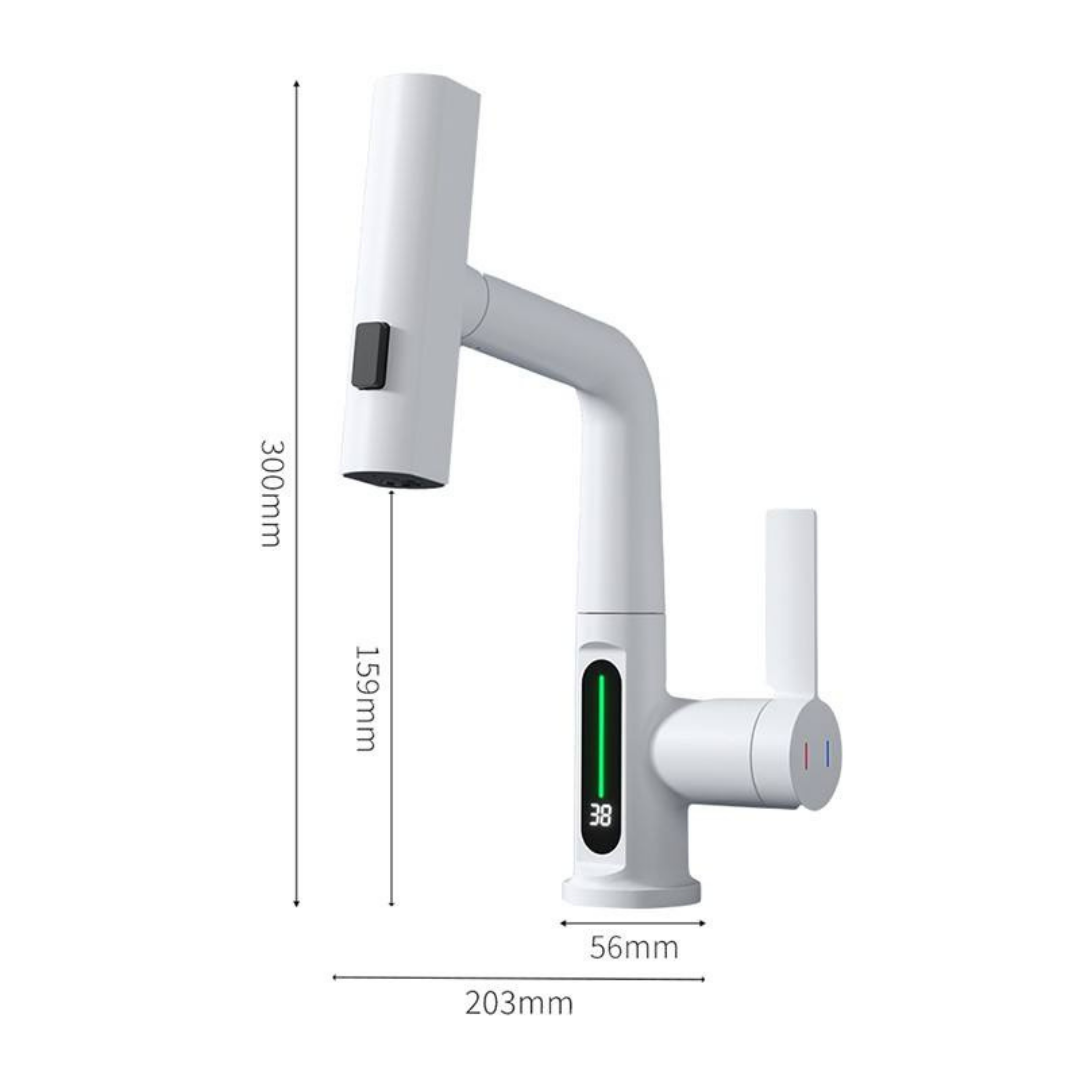 Mat Beyaz LED Göstergeli Şelale Lavabo Bataryası – Modern Dijital Musluk