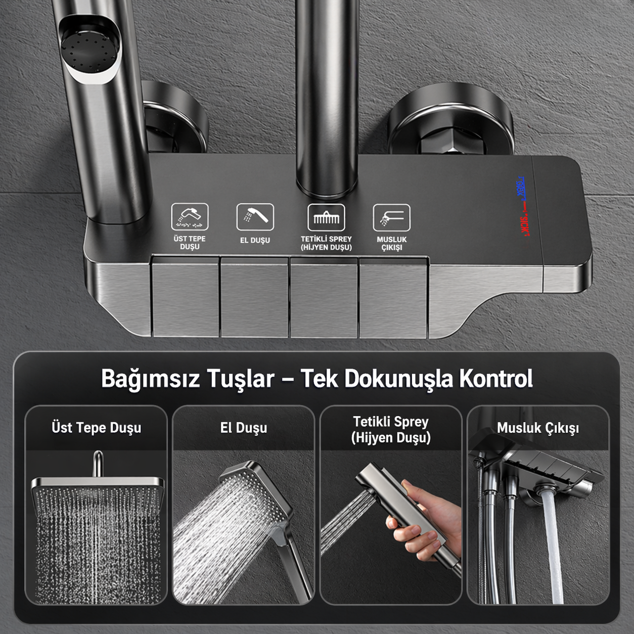 AKD Piyano Duş Seti Antrasit | Premium Yağmur Duş Sistemi