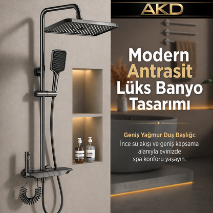 AKD Piyano Duş Seti Antrasit | Premium Yağmur Duş Sistemi