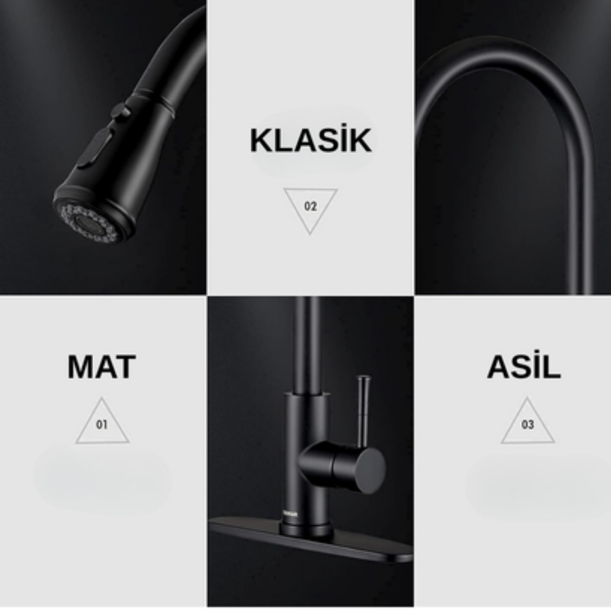 360° Siyah Çekilebilir Mutfak Bataryası | Modern & Su Tasarruflu