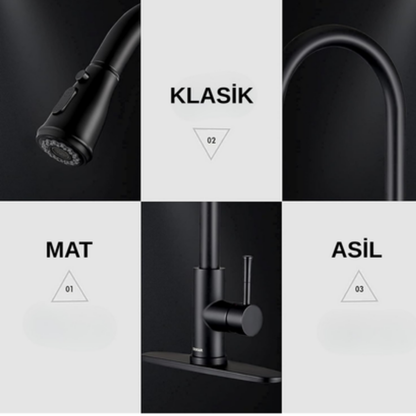 360° Siyah Çekilebilir Mutfak Bataryası | Modern & Su Tasarruflu