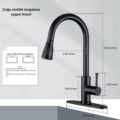 360° Siyah Çekilebilir Mutfak Bataryası | Modern & Su Tasarruflu
