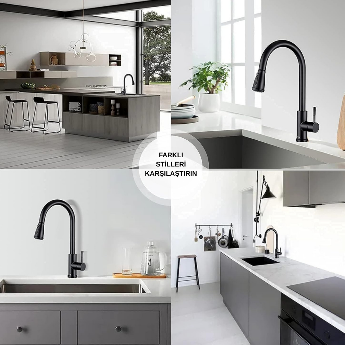 360° Siyah Çekilebilir Mutfak Bataryası | Modern & Su Tasarruflu